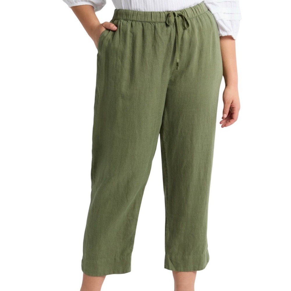 Caslon Green Bronze Linen Blend Cropped Drawstring Pants Large‎ New With Tags